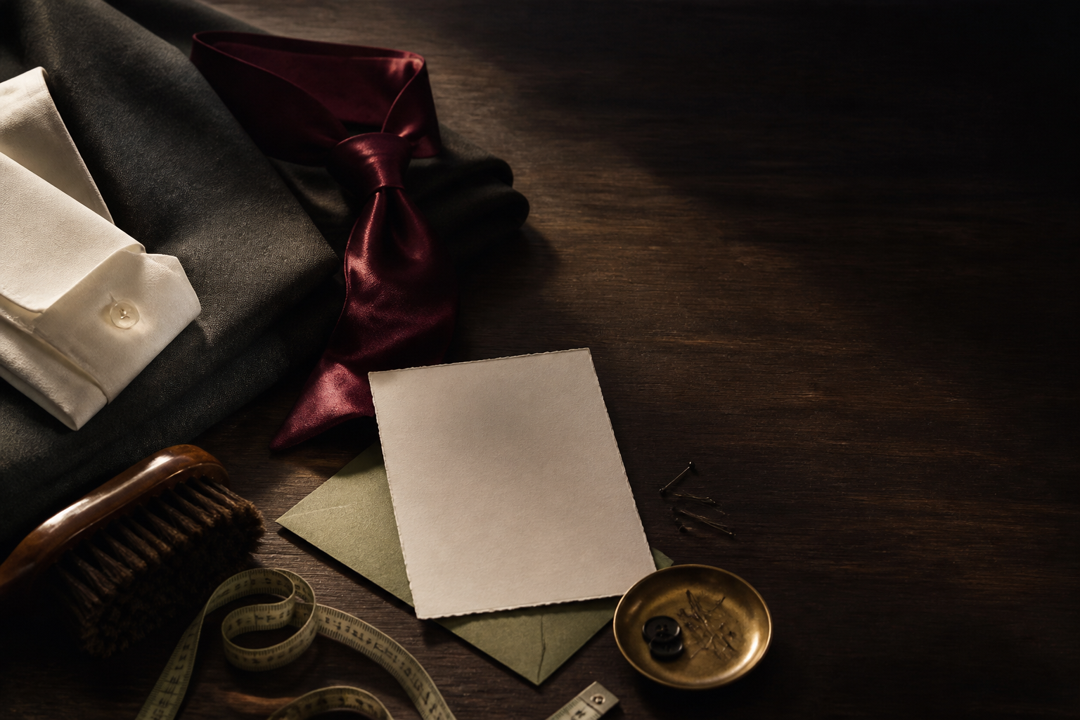 Traje oscuro, camisa marfil, corbata color vino, invitación y cinta de sastrería sobre madera